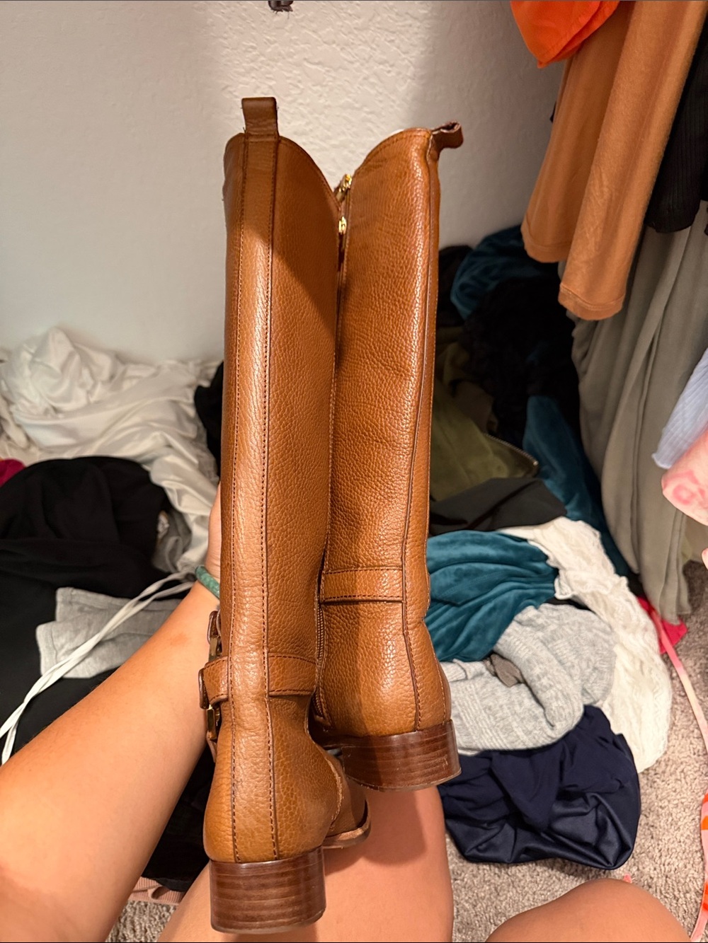 Tory Burch Tall Cognac Leather Riding Boots with Logo Medallion - Picture 3 of 4